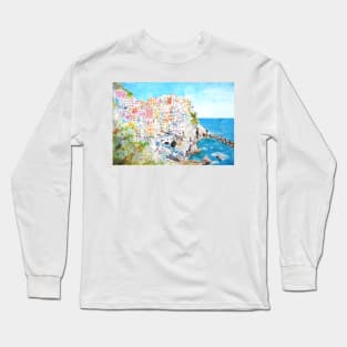 Italy Cinque Terre watercolor painting Long Sleeve T-Shirt